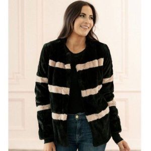 RACHEL PARCELL Black Pink Stripe Faux Fur Teddy Jacket Coat Size M NWT Blogger